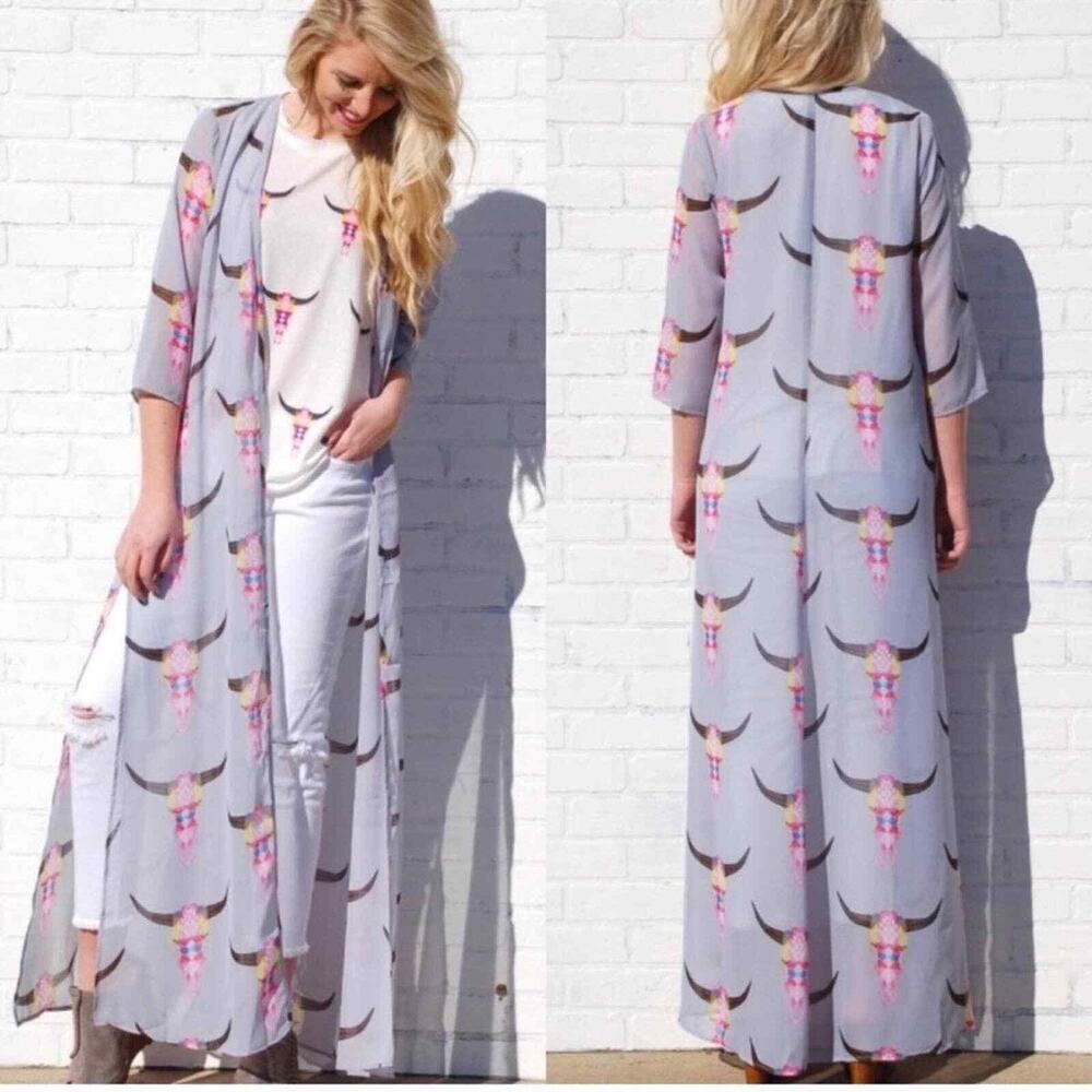 Show Me Your Mumu Karmyn Cape Chiffon Long Duster Western Cow Skull Hippie Boho
